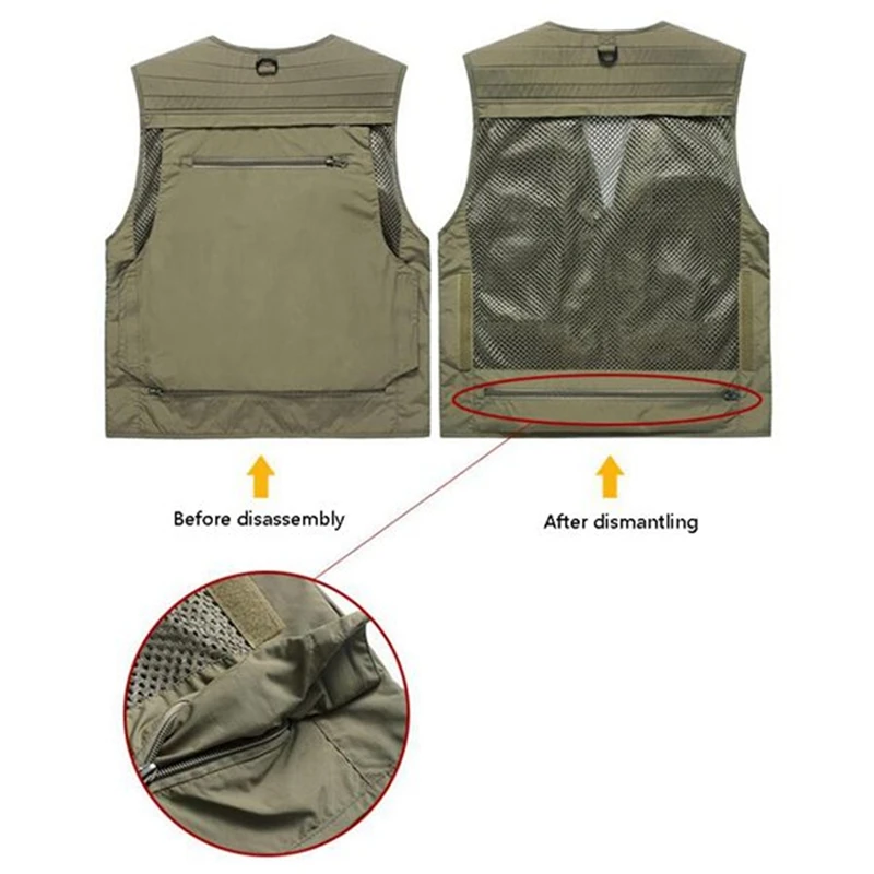 Men's Multifunctional Fishing Vest Mesh Loose Jacket Outdoor Multi Pocket Photography Fisherman Vest Khaki XL