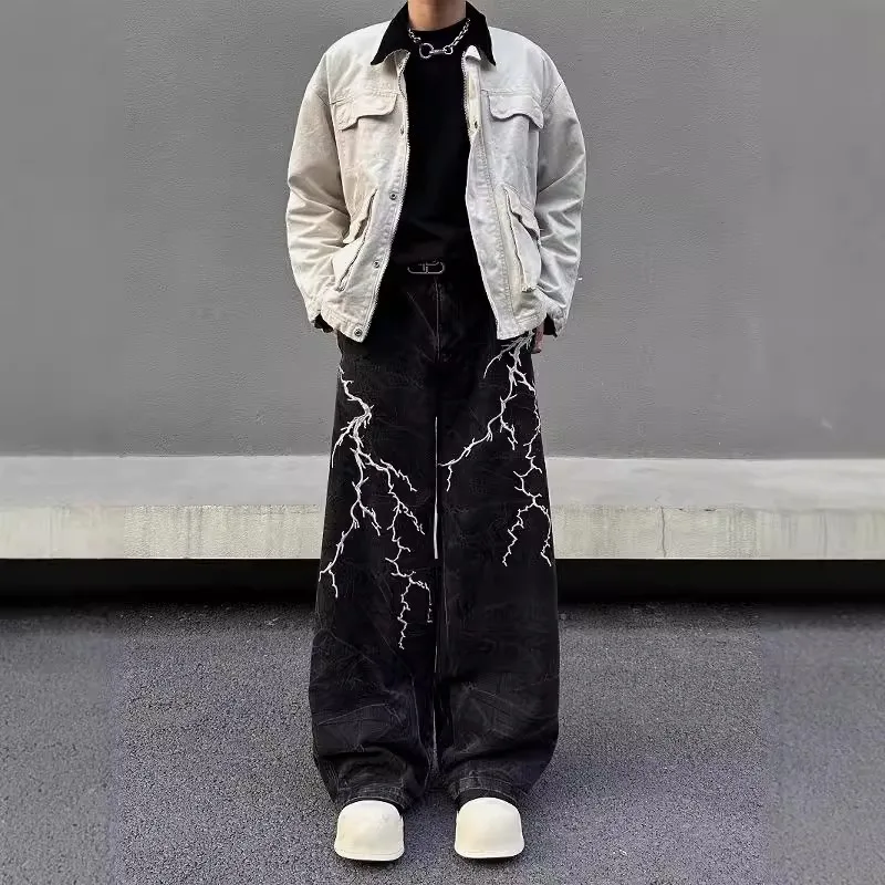 

American Vintage Style Embroidered Lightning Loose Fit Men's Jeans Casual Streetwear Straight Leg Long Pants trousers