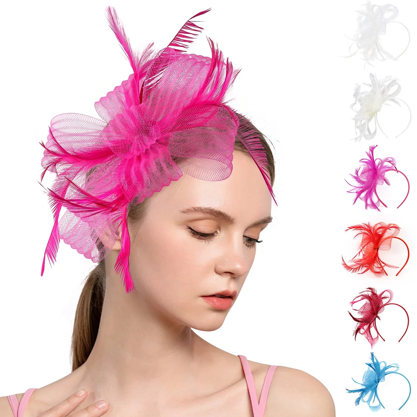 

Premium Colorful Fashion Mesh Hair Accessories Cocktail Party Feather Headdress Bowknot Photography Headwear for Ladies Wear