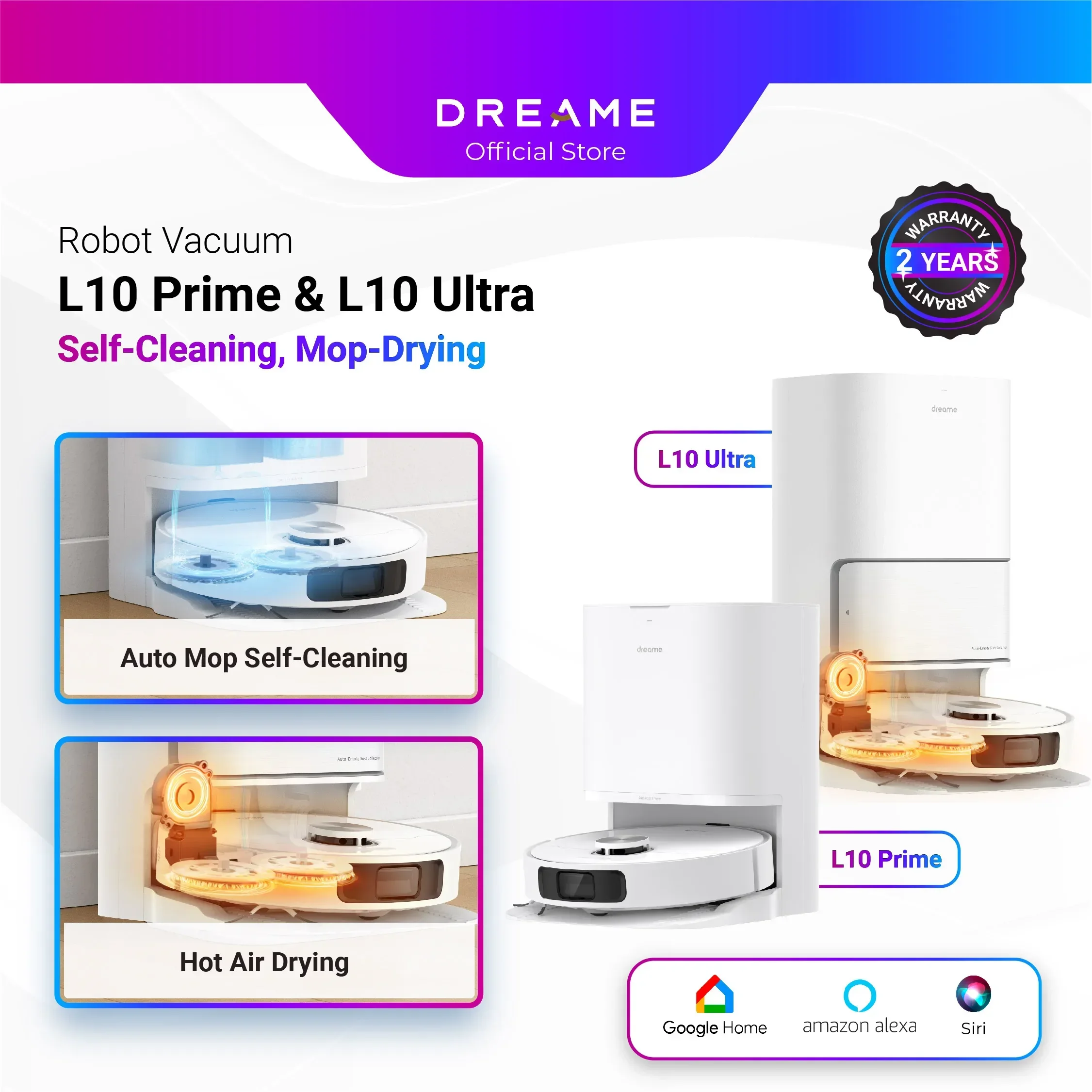 

Dreame Global English Version L10 Prime & L10 Ultra Robot Vacuum Auto Mop Cleaning, Drying Mop Lifting 7mm 2 Years Warranty