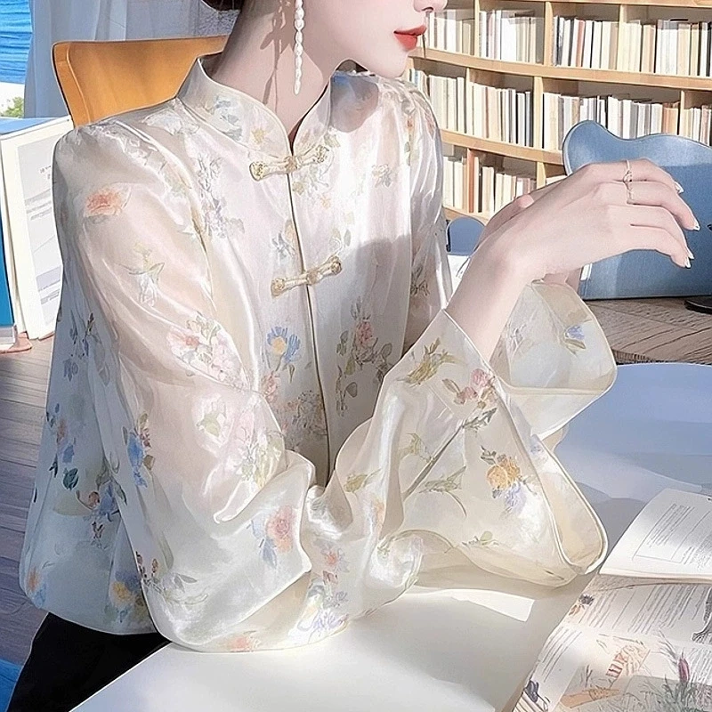 جديد النمط الصيني المشمش الأزهار بلوزة قميص المرأة 2025 الربيع الرجعية زر طويلة الأكمام الفاخرة تانغ دعوى واقية من الشمس قميص علوي Y2K