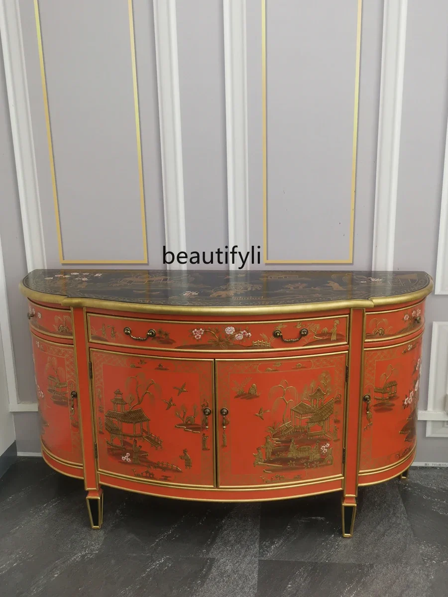 European and American antique painted villa new Chinese style orange red sideboard high-end foyer decorative cabinet