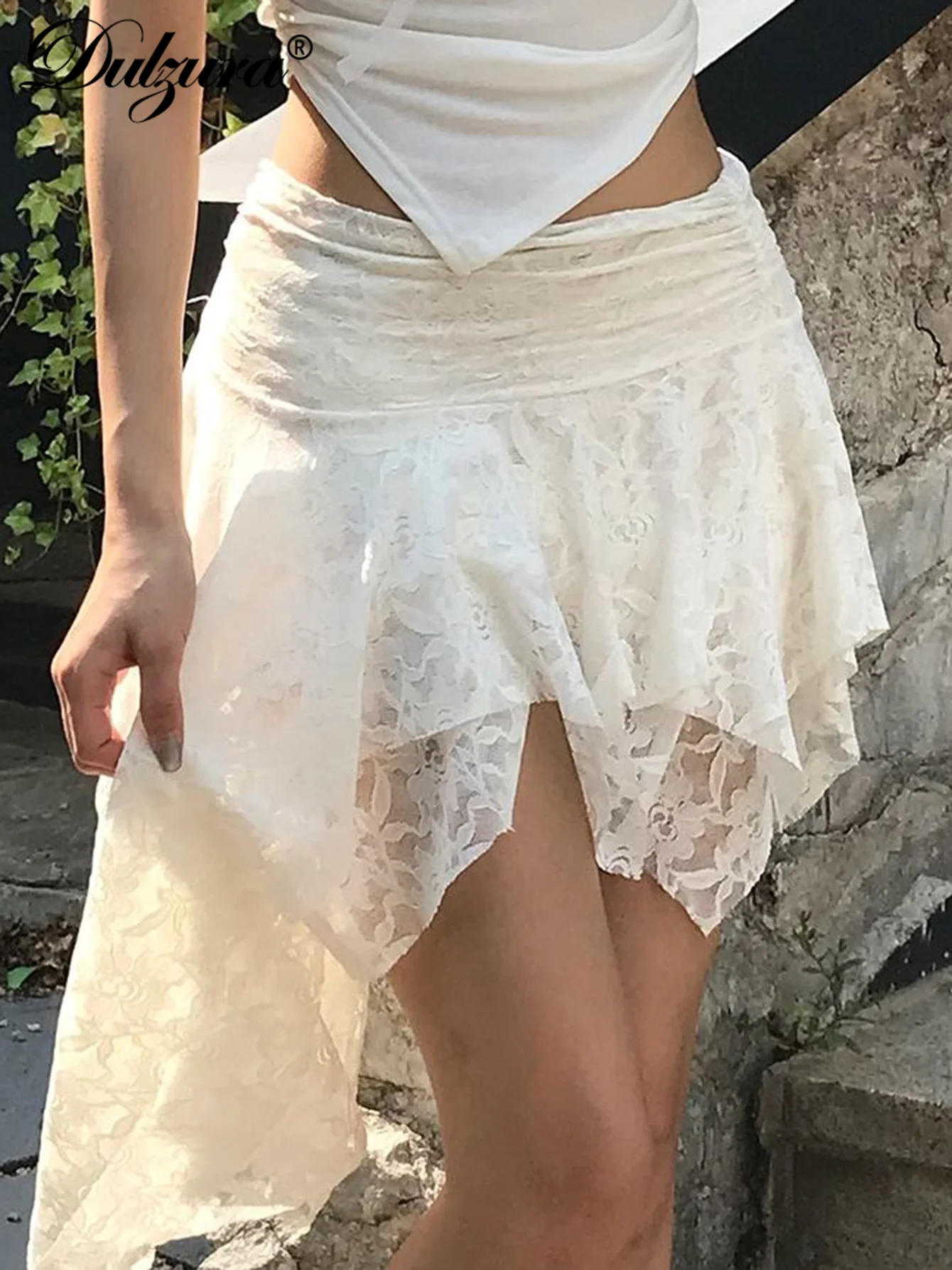 

Dulzura High Waist Ruched Irregular Lace Crop Skirt Women'S Solid Sexy Elegant Short Skirt Party Club Street Summer Y2K Outfit