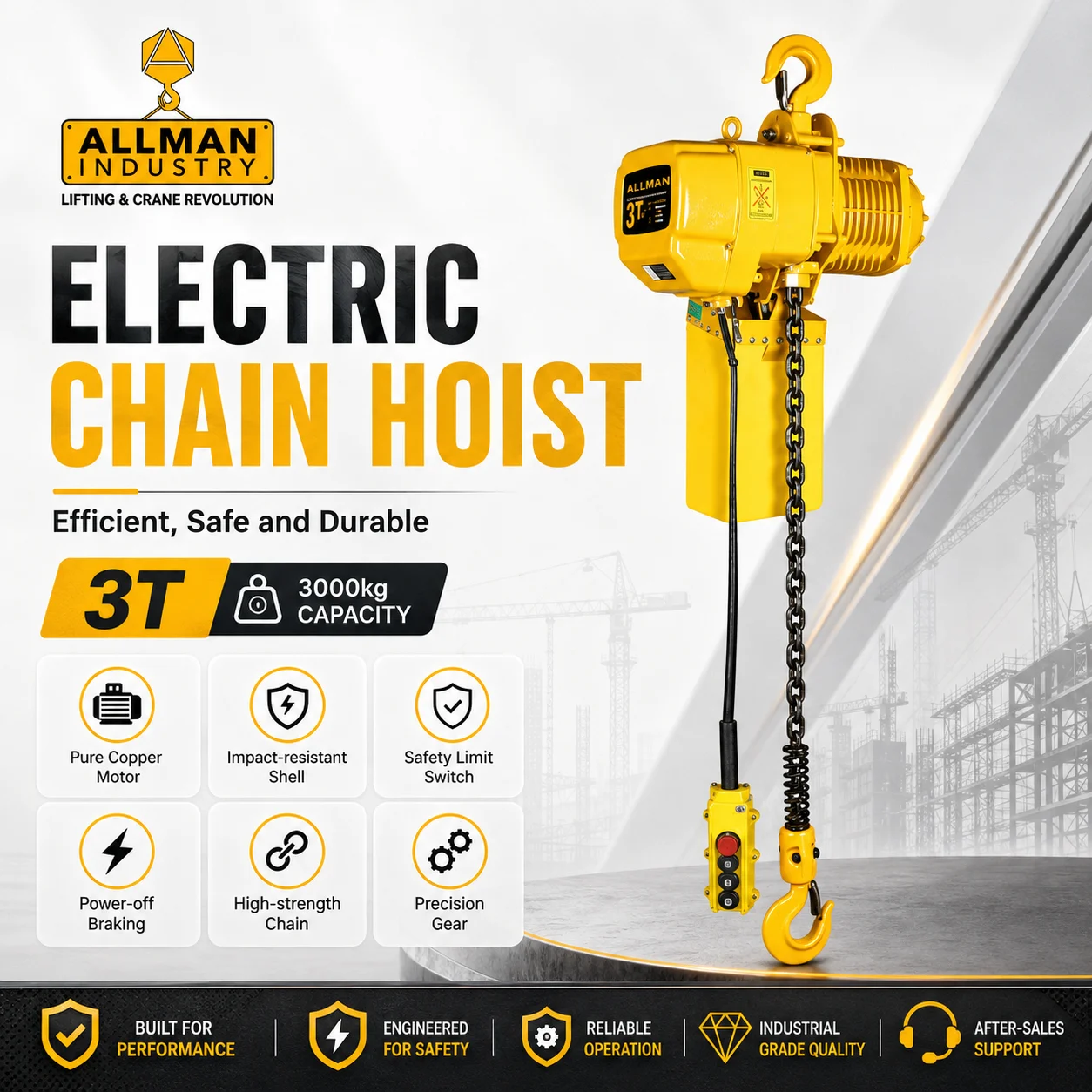 ALLMAN CE Provided 3T 380V Trolley Type Hook Type Electric Chain Hoist for Construction