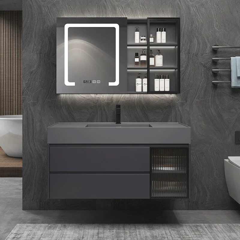 

Light Luxury Nano Rock Integrated Basin Bathroom Cabinet Combination Washbasin Mirror Bathroom Cabinet Set Room Furniture