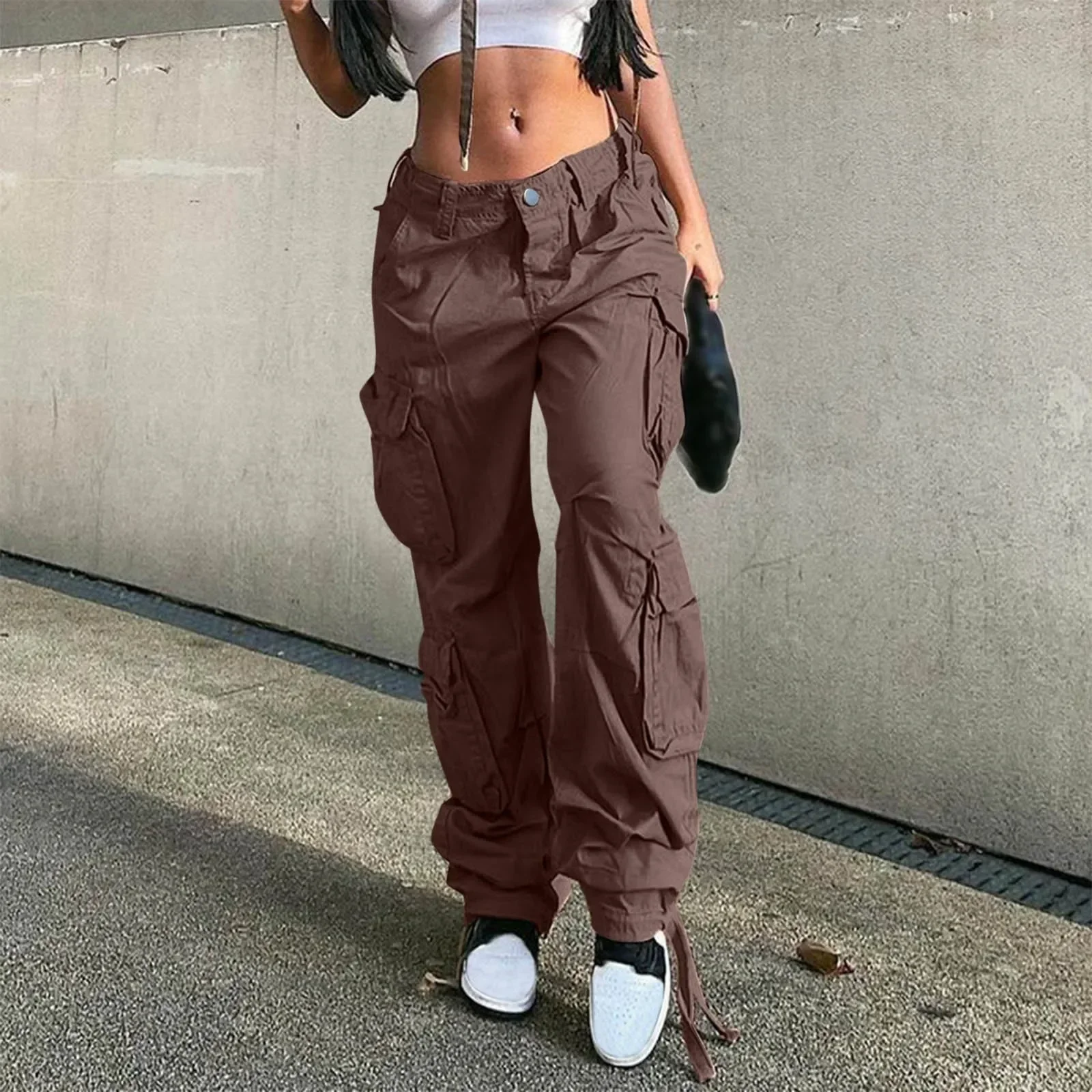 Mulheres cintura alta calças de carga baggy jeans jogger bolso solto ajuste em linha reta perna larga sweatpants all-matemática roupas simples