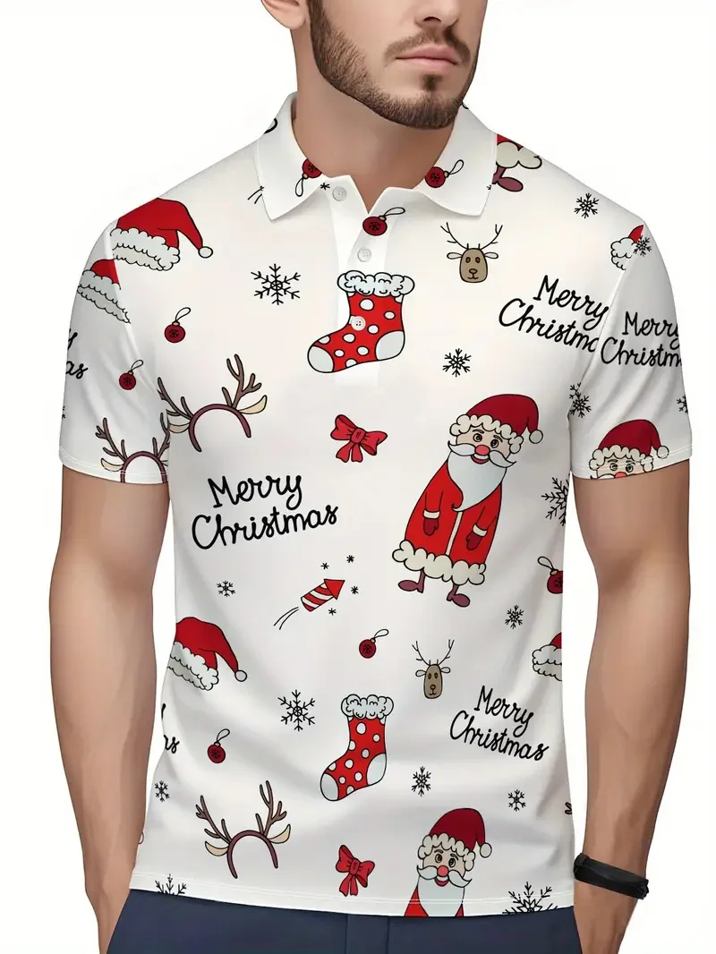 

Merry Chrismas Polo Shirt For Men 3D Print Santa Claus Graphic Short Sleeve Top Men's Fashion Outdoor Casual Comfortable Clothes