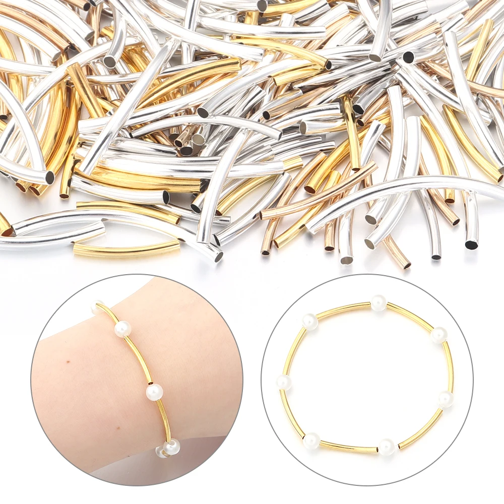 50pcs/lot Copper Curved Tube Beads Metal Bend Loose Spacer Beads Connectors For DIY Jewelry Making Bracelet Necklace Accessories