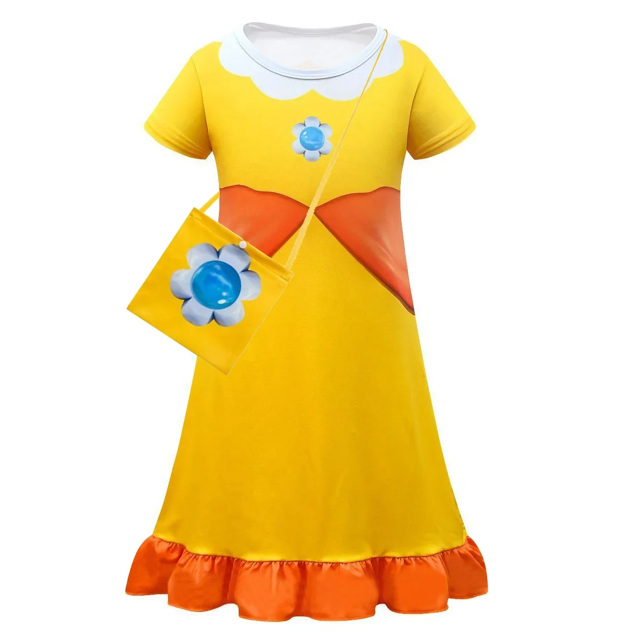 Kids Anime Cartoon Print Princess Peach Short Sleeves Dress Bag Set Outfit for Girls Christmas Halloween Cosplay Costume