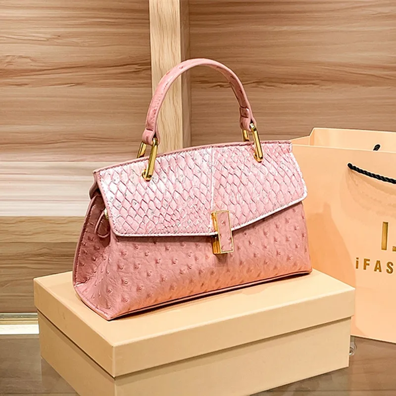 Genuine Leather Ostrich-print Women Handbags 2024 Pink Shell Bag European And American Fashion Luxury Shoulder Crossbody Bags