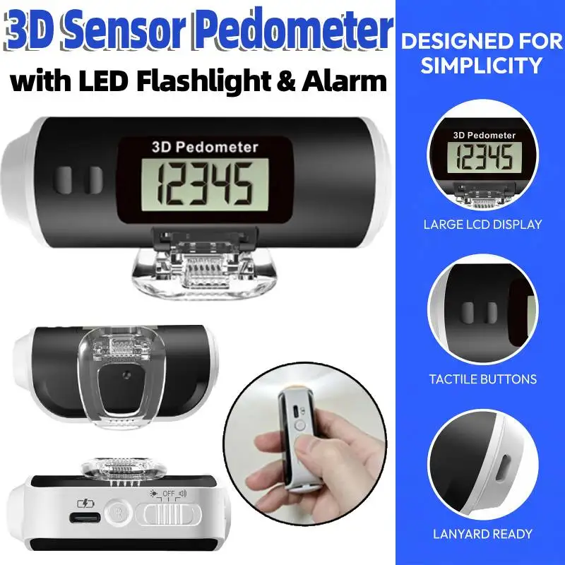 led懐中電灯とアラーム付きクランプ式ステップカウンター-ポータブル歩数距離トラッカー-type‑c充電-ウエストクリップ-3d高齢者向け歩数計