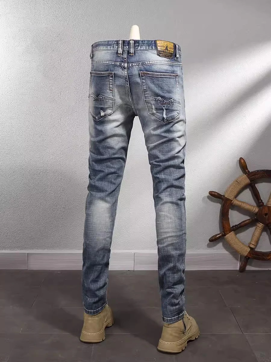 Fashion Designer Men Jeans Retro Washed Blue Stretch Elastic Slim Fit Ripped Jeans Men High Quality Vintage Denim Pants Hombre