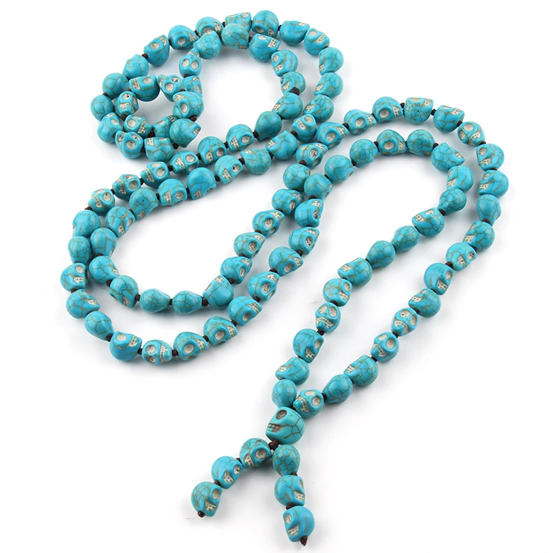 Bohemian Jewelry Blue Long Knotted Tibetan Buddhism 108 bone Skull Heads Prayer Bead Mala Necklace