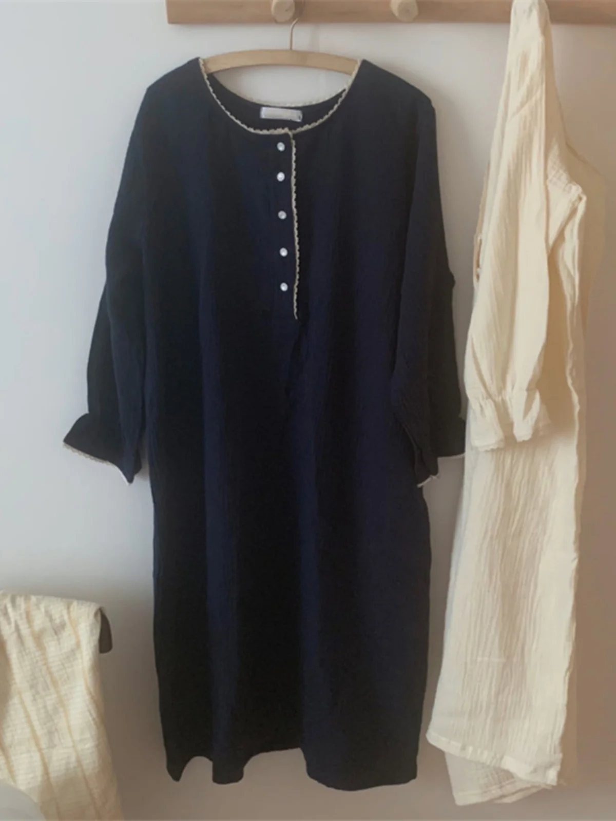 Pure Cotton Nightgown Spring Autumn Simple Lace Color Block Dress Home Clothes Women\'s Wearable Casual Home round Neck Long S...