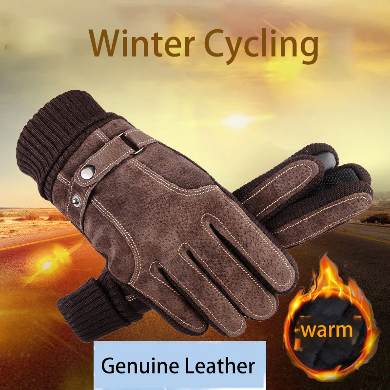 Leather Gloves for Men Winter Cycling Pig Skin Gloves Warm Fleece Business Thick Touch Screen Outdoor Motorcycle Non-slip Gloves