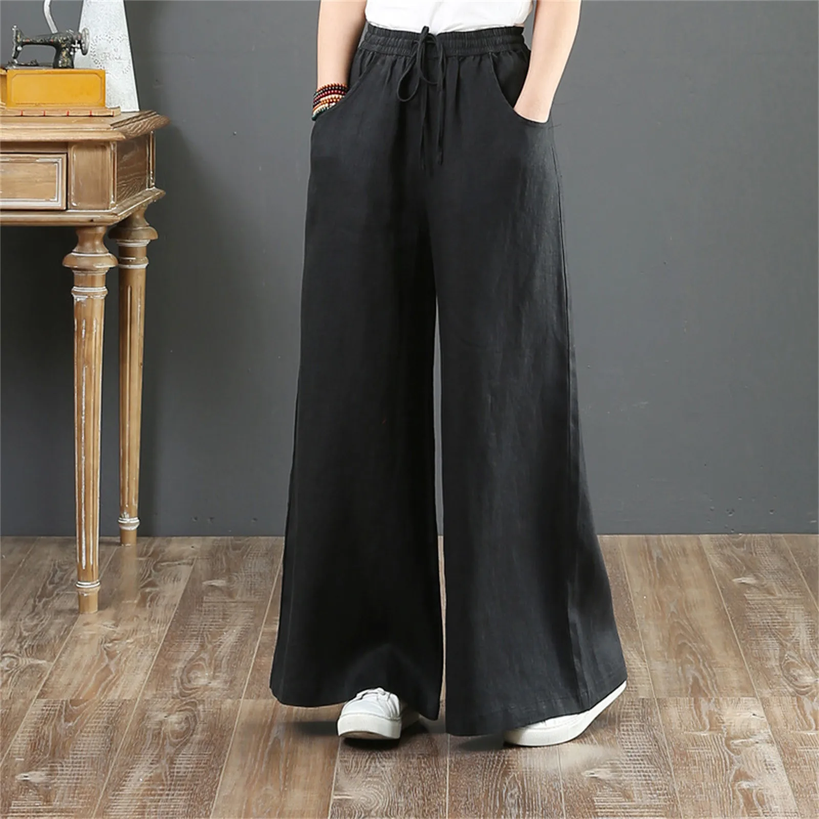 Pantalon d'été taille haute pour femme, poche palappeals, jambe large, longue proximité, wstring, décontracté, coton, lin, élastique, streetwear, fjwear