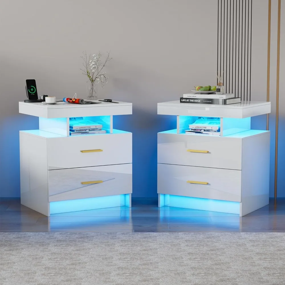 Pair of Sleek White Nightstands with Built-in Charging Dock, 24-Color LED Lighting, and Dual Drawers