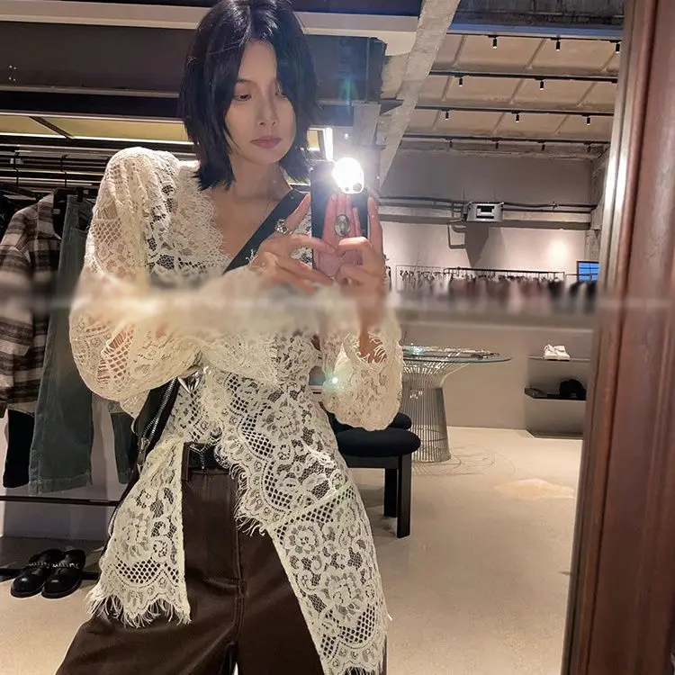 

Deeptown Coquette Lace Hollow Out Women Cardigan Sexy V Neck Flare Sleeve Korean Fashion Blouse See Through Slim Elegant Summer