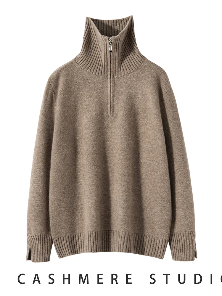 

Women's Turtleneck Sweater Half Zipper 100% Cashmere Cardigan Solid Autumn Winter Casual Thick Knitwear Korean Popular Clothing