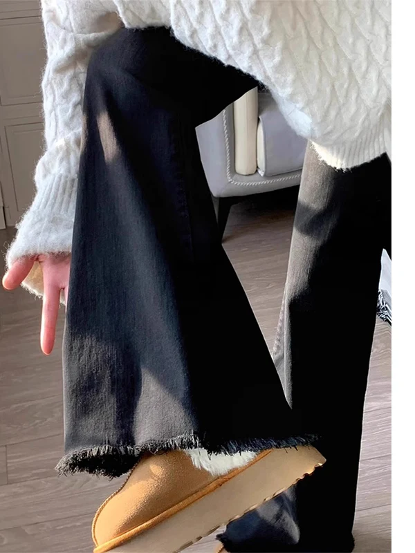 

High Waist Wide Leg Micro Flared Jeans Women's plus Size Hip And Thigh Thickened Spring Autumn New Style Black Denim Pants