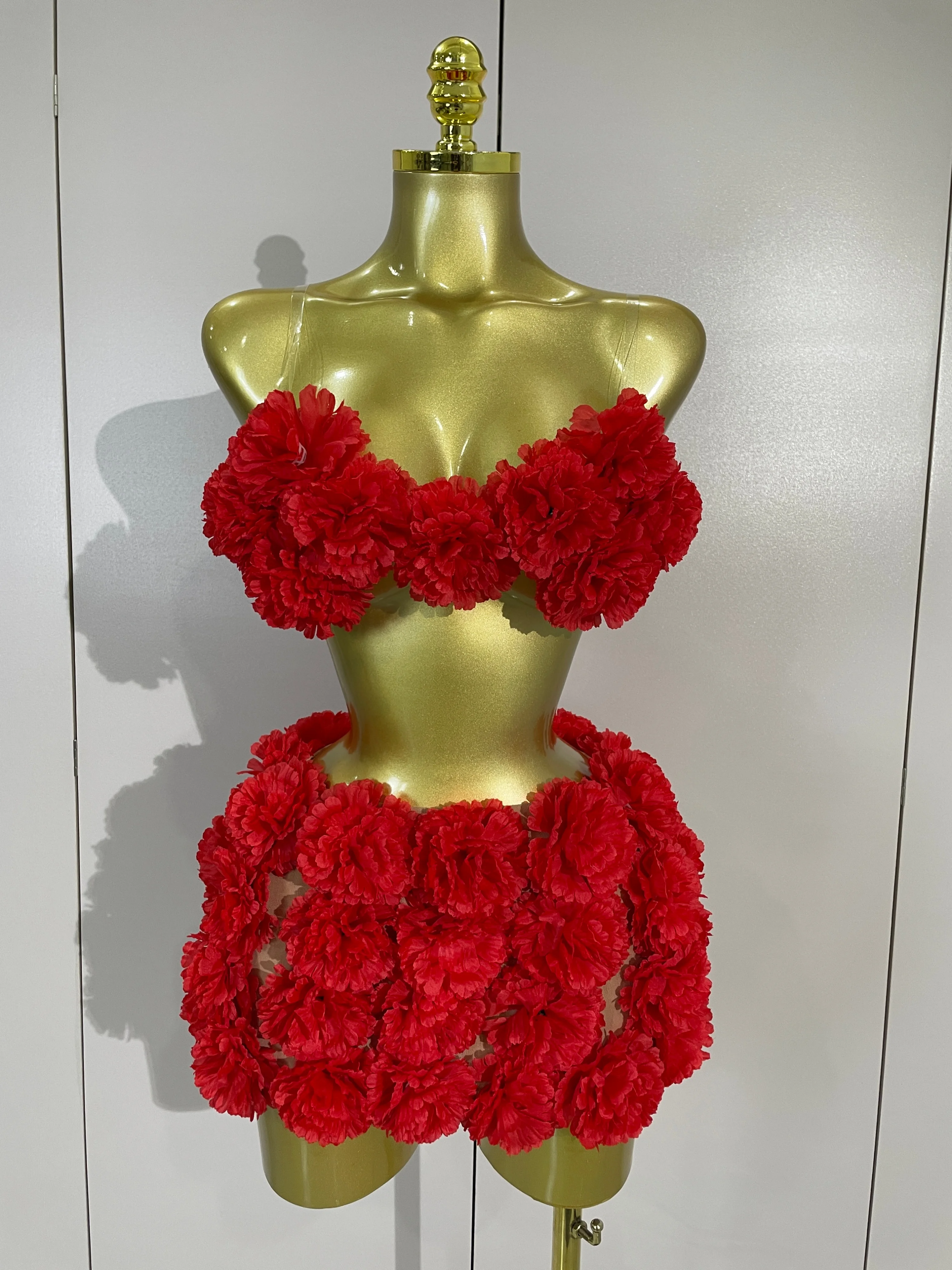 Women Sexy Red 3D Flowers Top Mini Dress Two Piece Set Eveing Party Girls Birthday Nightclub Stage Dress Holiday Photo Shoot Set