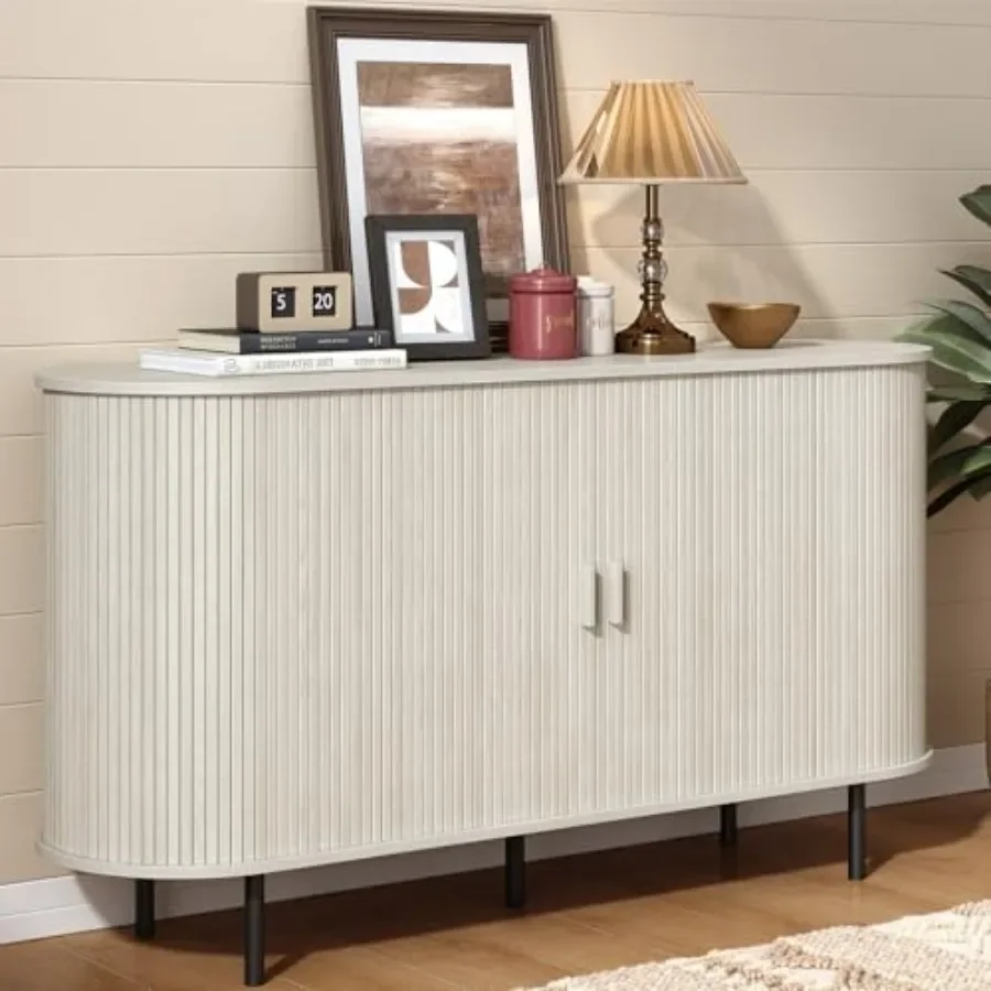 Sideboard Buffet Cabinet with Sliding Door for dining room, engineered wood, matte white, soft-close mechanism and adjustable s