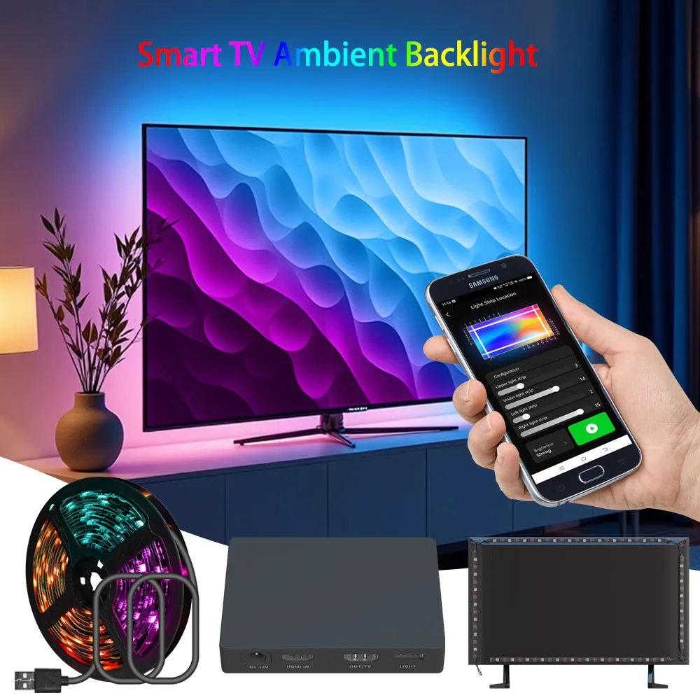 Smart  Ambient TV Backlight Screen RGBIC Color Sync Led Strip Light HDMI-Compatible 2.0 Device Sync Box For Alexa/Google /TV Box