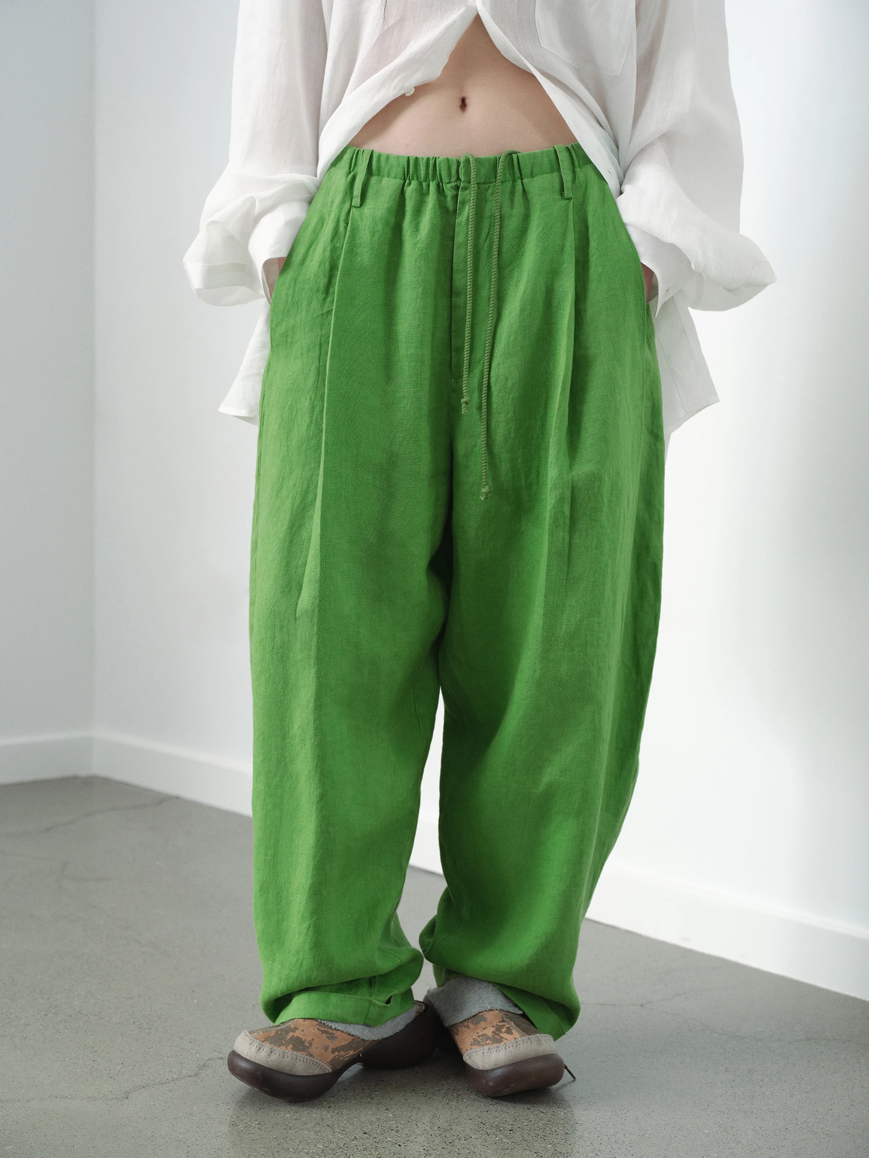 VERMO Summer Colors Unique Vegetable And Fruit Green Comfortable Breathable Pure Linen Loose Cuffed Casual Pants