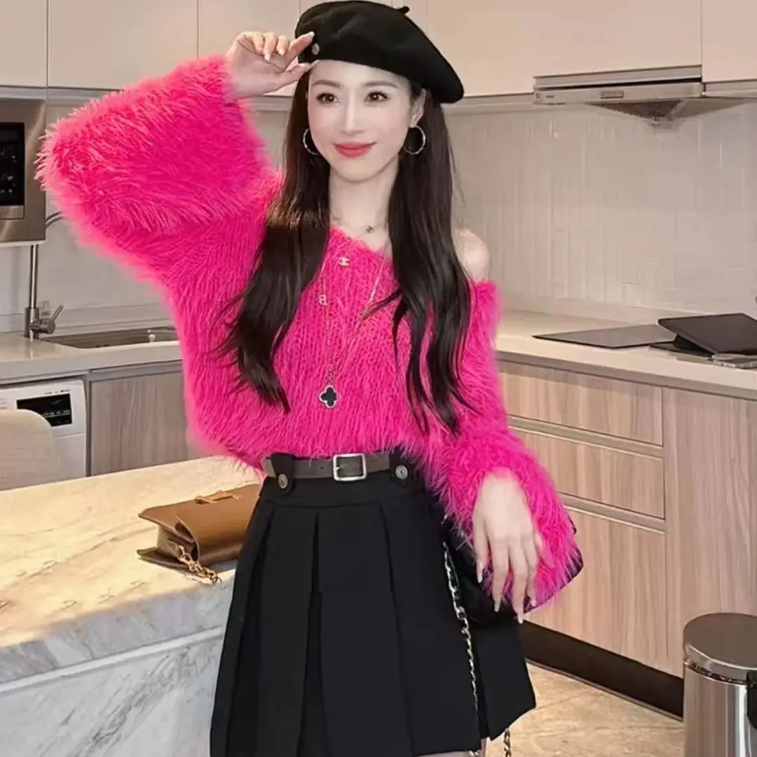 High-end Lazy Fluffy Off-shoulder Faux Mink Sweater Women Autumn Winter Short Coat Long Sleeve Knit Outerwear Tops Loose Design