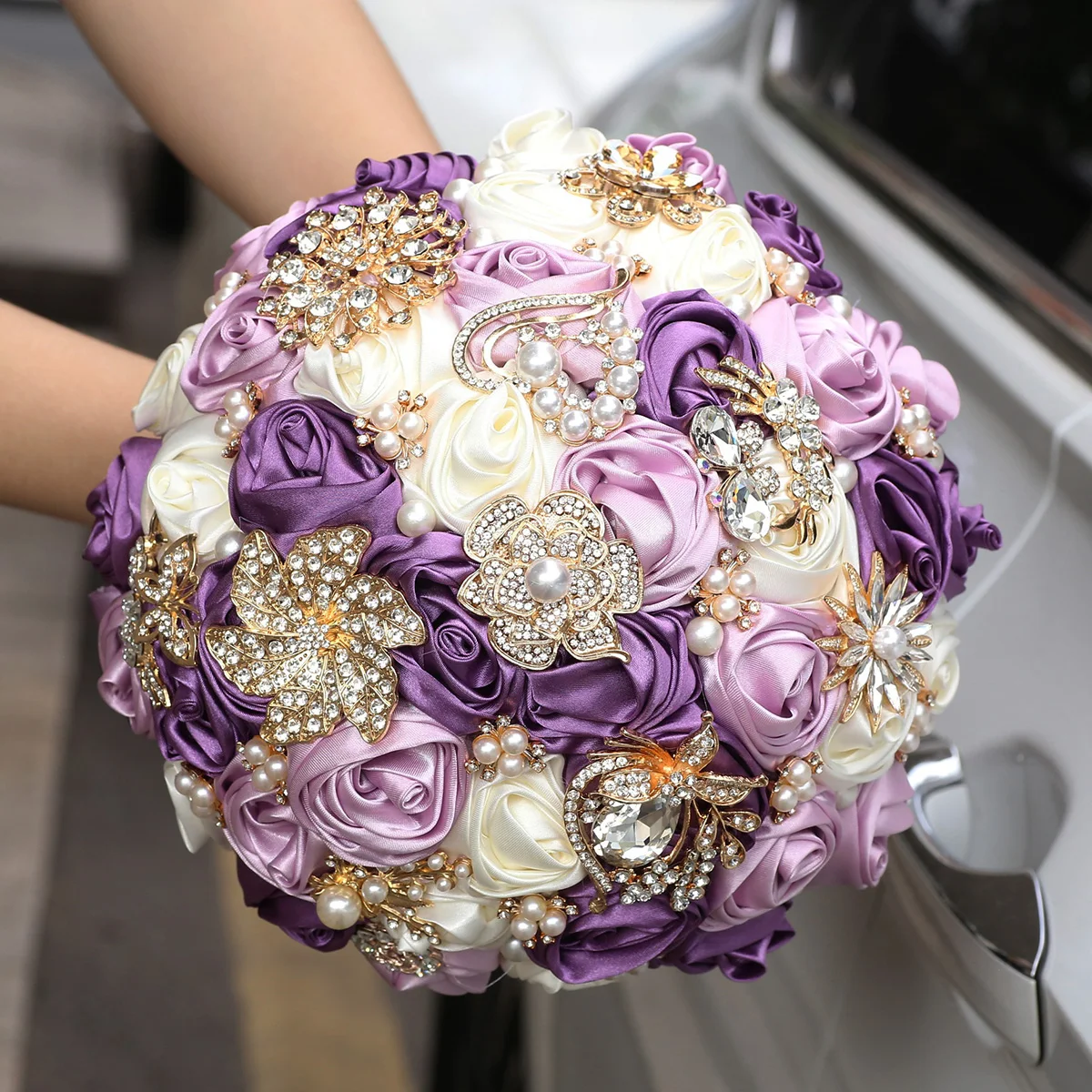 Diy Bridal Gold Diamond Wedding Bouquet Fresh Wedding Silk Roses Bridal Eternal Bouquet Wedding Chapel decoration supply W913B-1