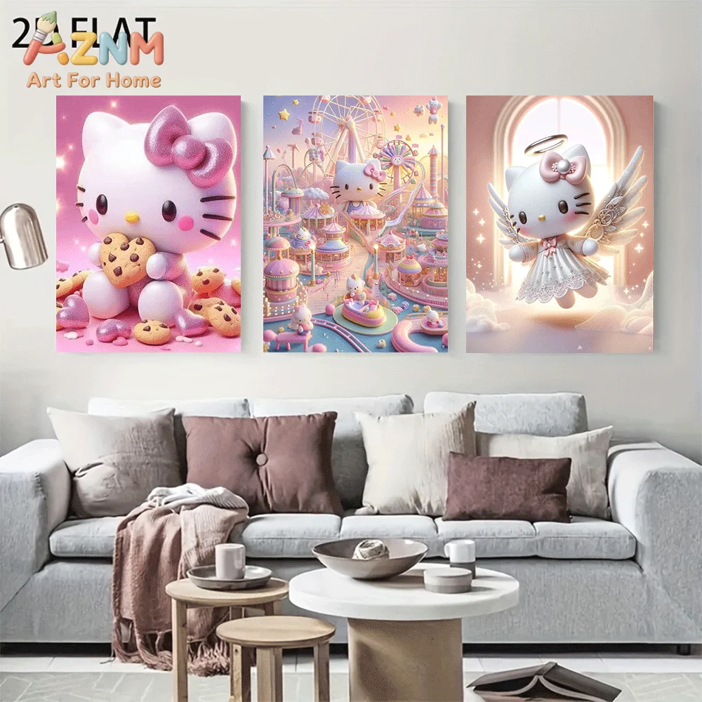 AZNM Hello Kitty Canvas Wall Art Unframed 3D Style Cute Print Poster Cookie Amusement Park Angel Wing Design for Girls Bedroom H