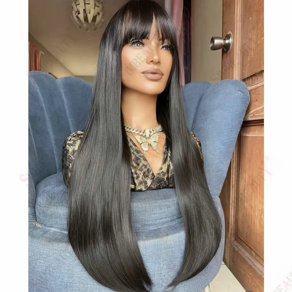 

Длинный прямой парик из 100% натуральных индийских волос Реми, натуральный черный, без клея, с полной шелковой основой, с челкой, 360-градусный фронтальный парик из натуральных волос