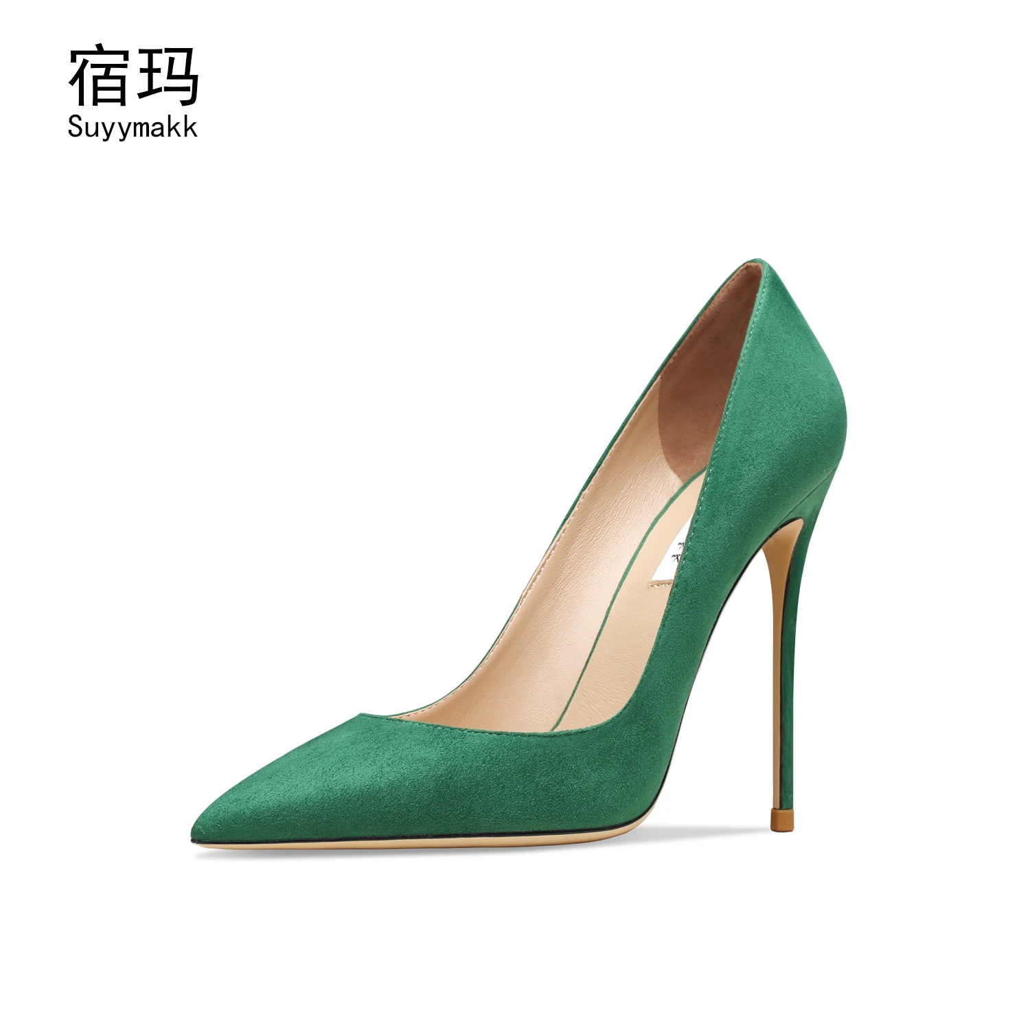 Real Leather Dark Green Suede High-heeled Shoes For Women 2025 New Stiletto Pointed Toe Shallow Mouth Elegant Comfortable Shoes