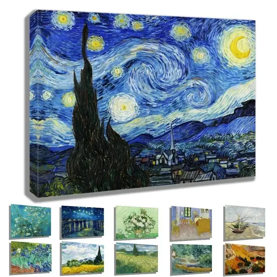 Impresión en lienzo de noche estrellada de Van Gogh lista para colgar obra de arte enmarcada estirada para decoración de pared de oficina en casa