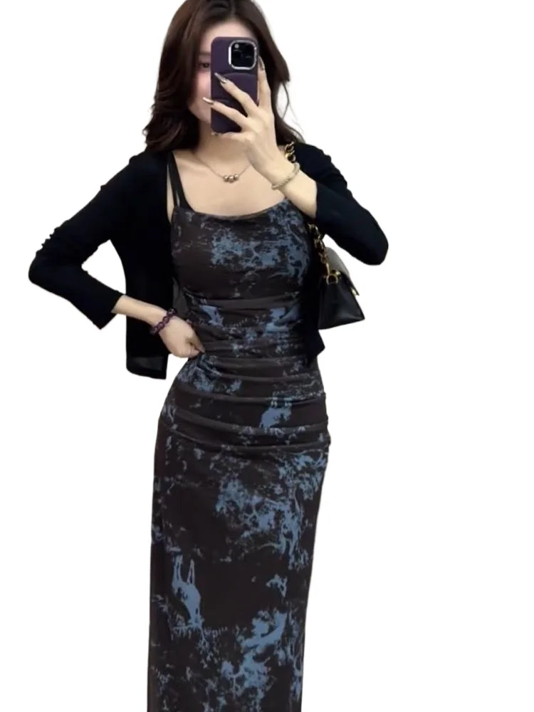 

Новинка 2023 года, летнее высококачественное ретро-платье, окрашенное в тушью, с разрезом, новая юбка на подтяжках, комплект из двух предметов