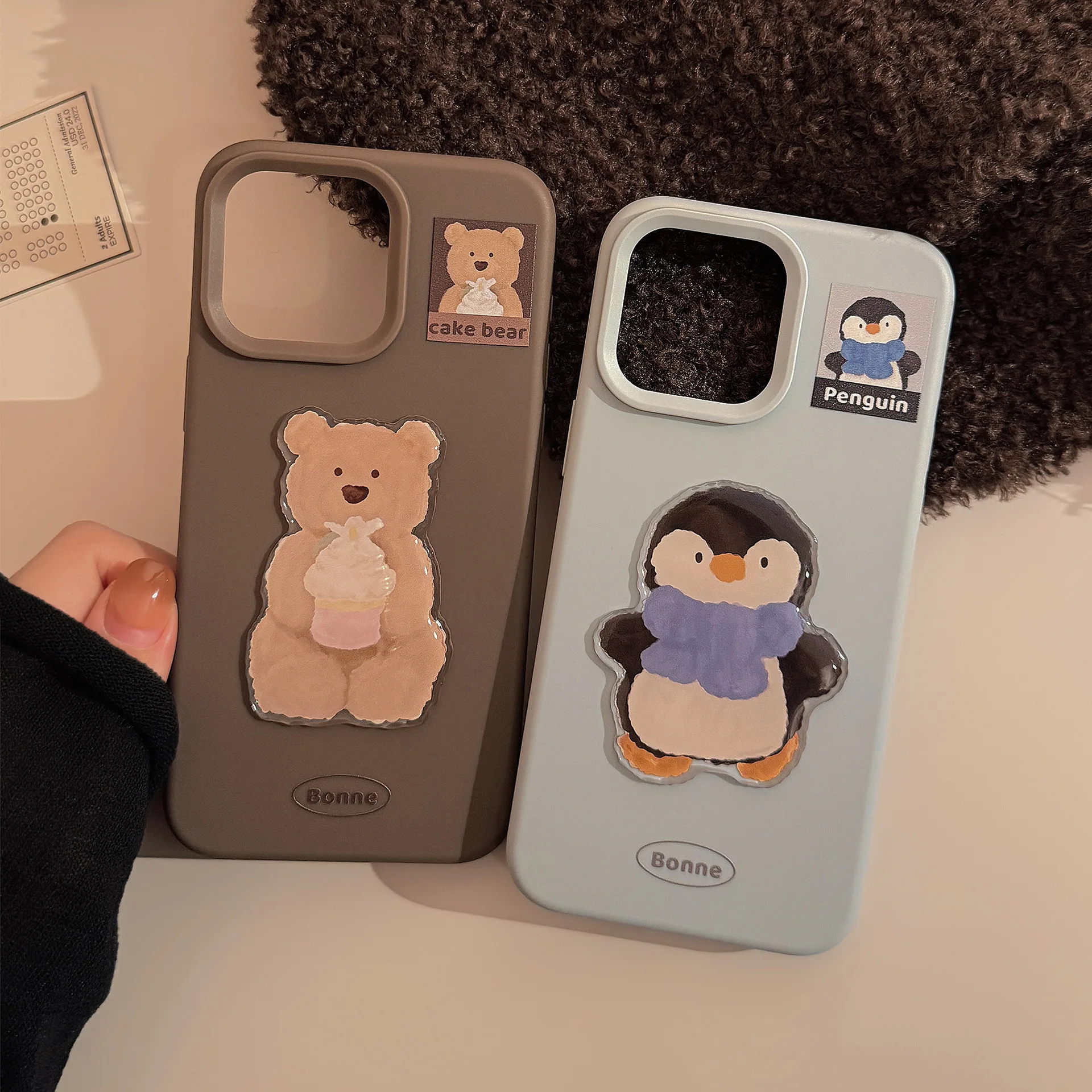 Cute penguin cartoon bear cake phone case for iphone 15 13 promax 12 16 14 pro max ins 3D relif happy animal cover