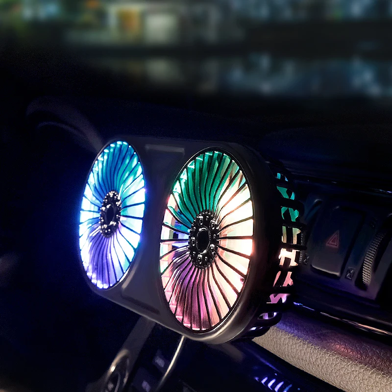 10W Double Head Fan USB Cooling Multi-angle 3 Speed Wind with Color Atmosphere Lights for Car Dashboard Air Outlet Universal