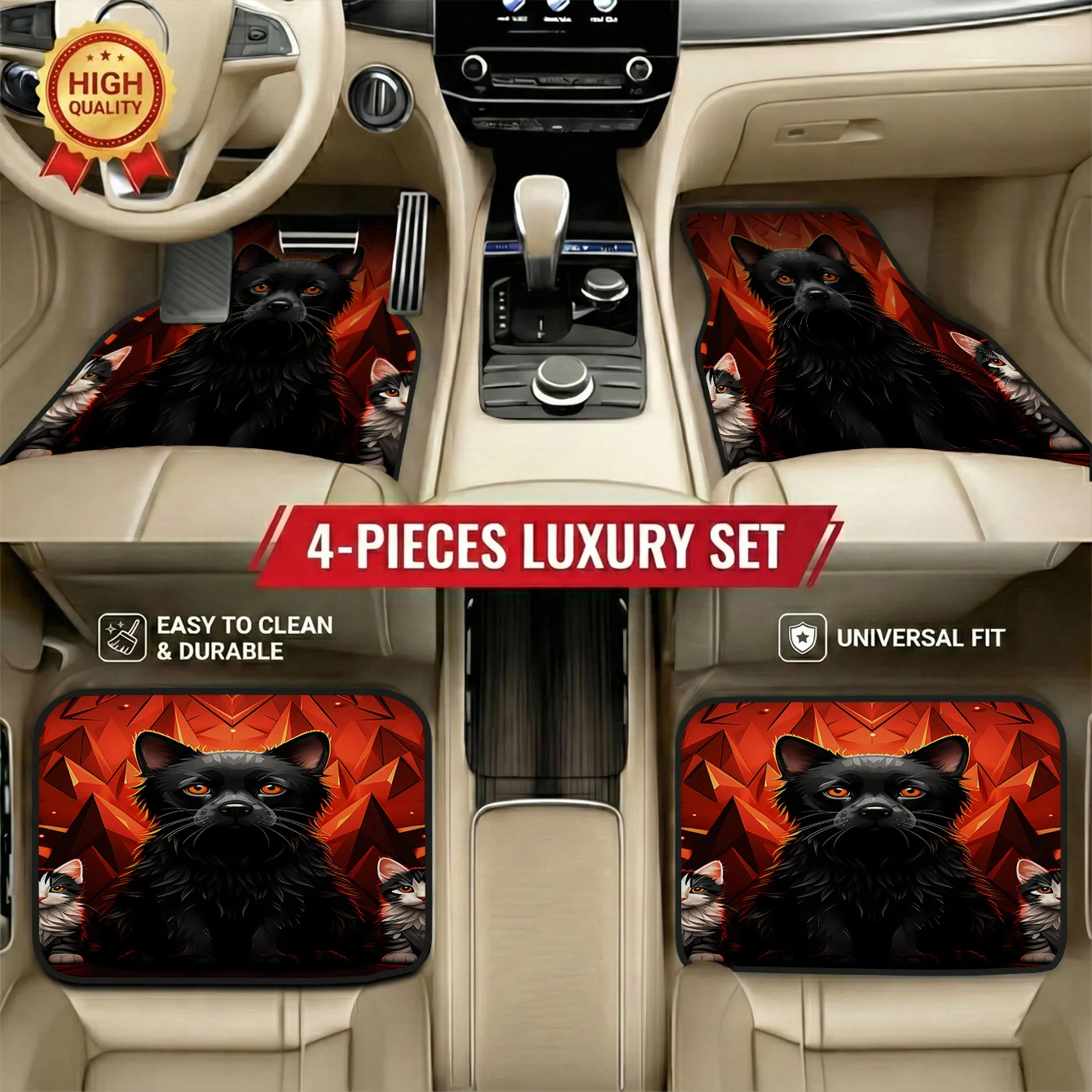 

4pcs Stylish Car Mats | Featuring Black Dog Design, Polyester Material, Universal Fit For Hatchbacks And Saloons, Easy Care