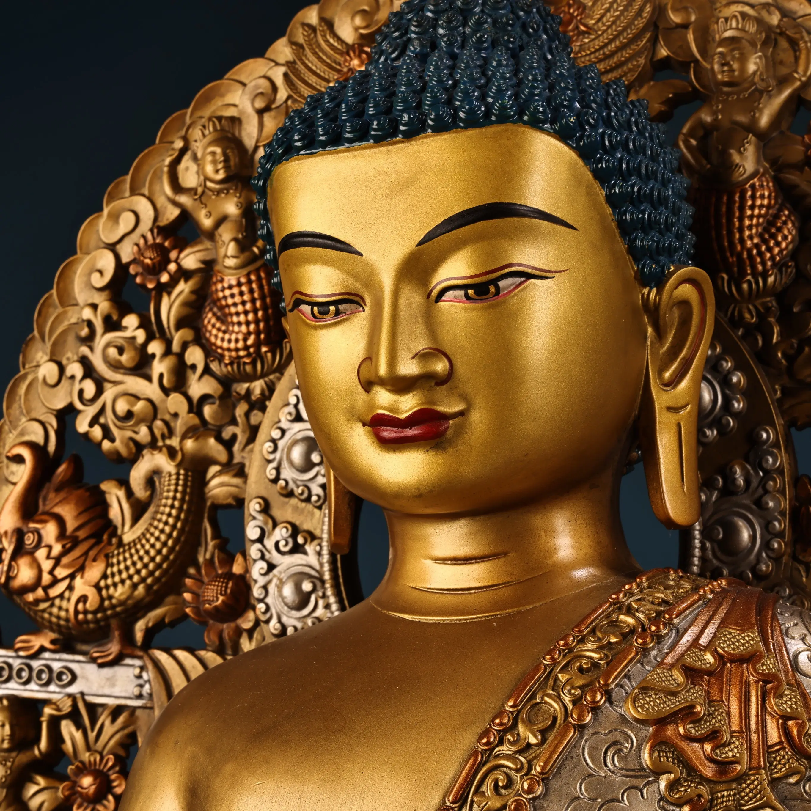 Old Copper High Relief Engraved Gold Silver Painted Medicine Buddha Statue Serene Face Fine Craftsmanship