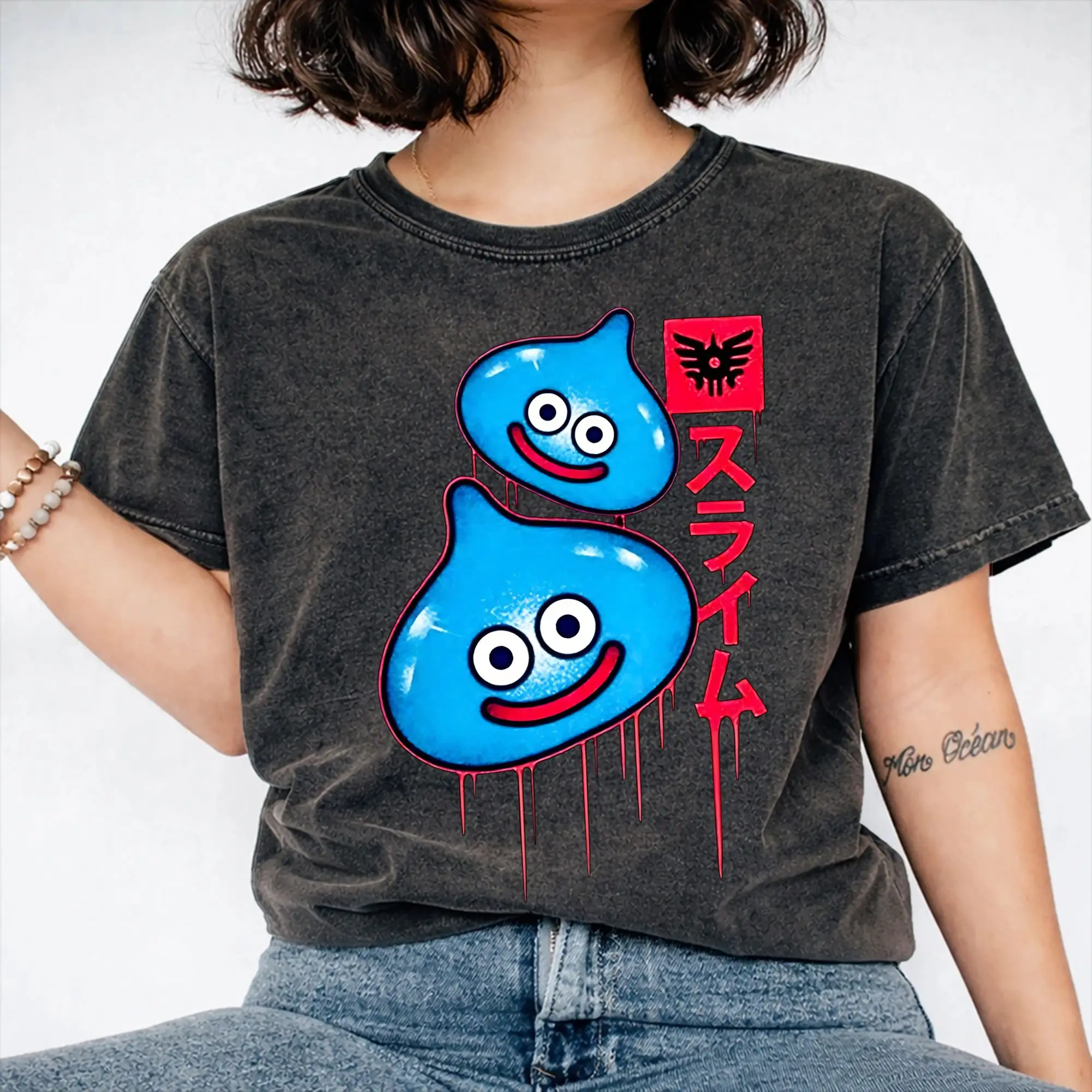 Dragon Quest slime T Shirt Hip Hop Washed Cotton Oversize T-Shirts  Retro for Men Women Streetwear Graphic Tee Shirt