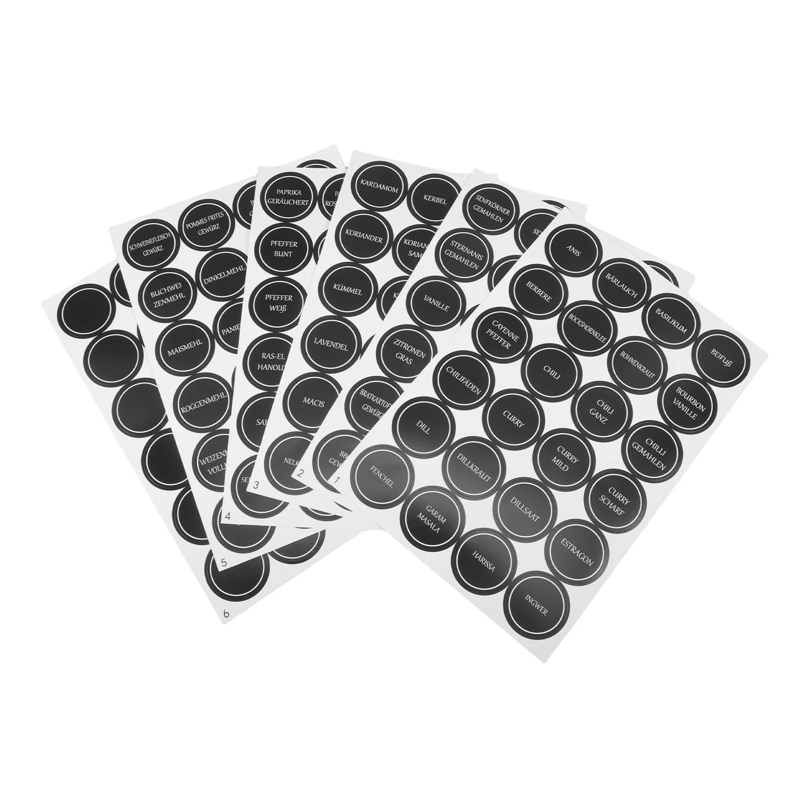 6 Sheets Waterproof Small Round Spice Stickers for Kitchen Jars Containers German Flavor Labels Clear Readable Reusable