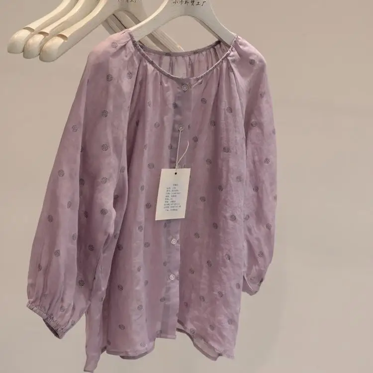 

Elegant Round Neck Loose Casual Polka Dot Print Thin Long Sleeve Shirt