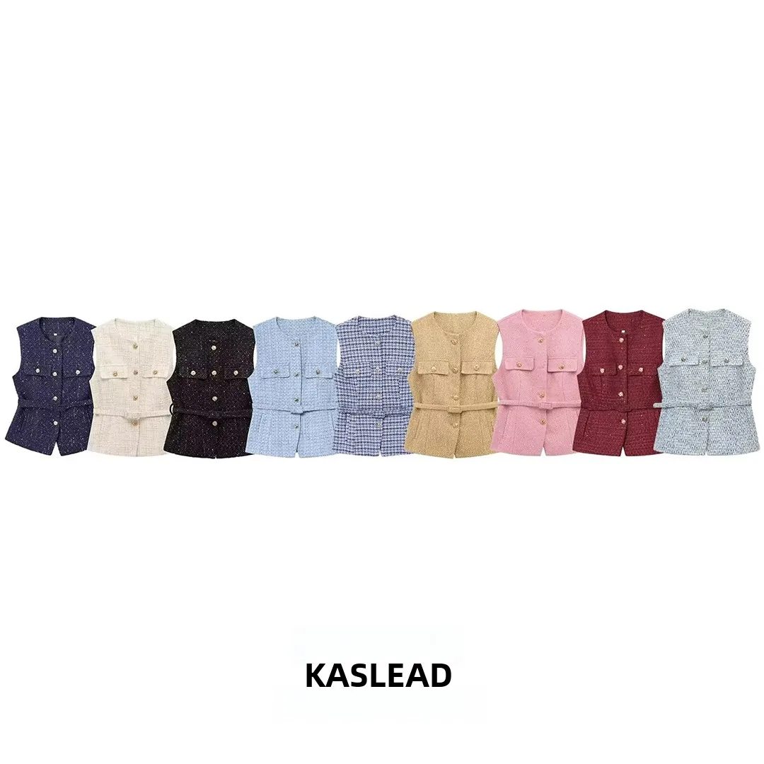 

KASLEAD New Faion Simple Texture Vest with Belt Beads Decoration Street Sle Women's Jaet Polyester Fiber 00%