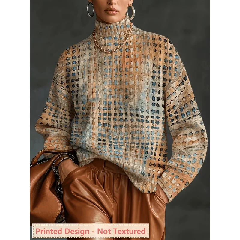 High-Quality Women's High-Neck Knit Sweater with Floral Print, Long Sleeve, Warm, Perfect for Autumn and Winter Casual Wear