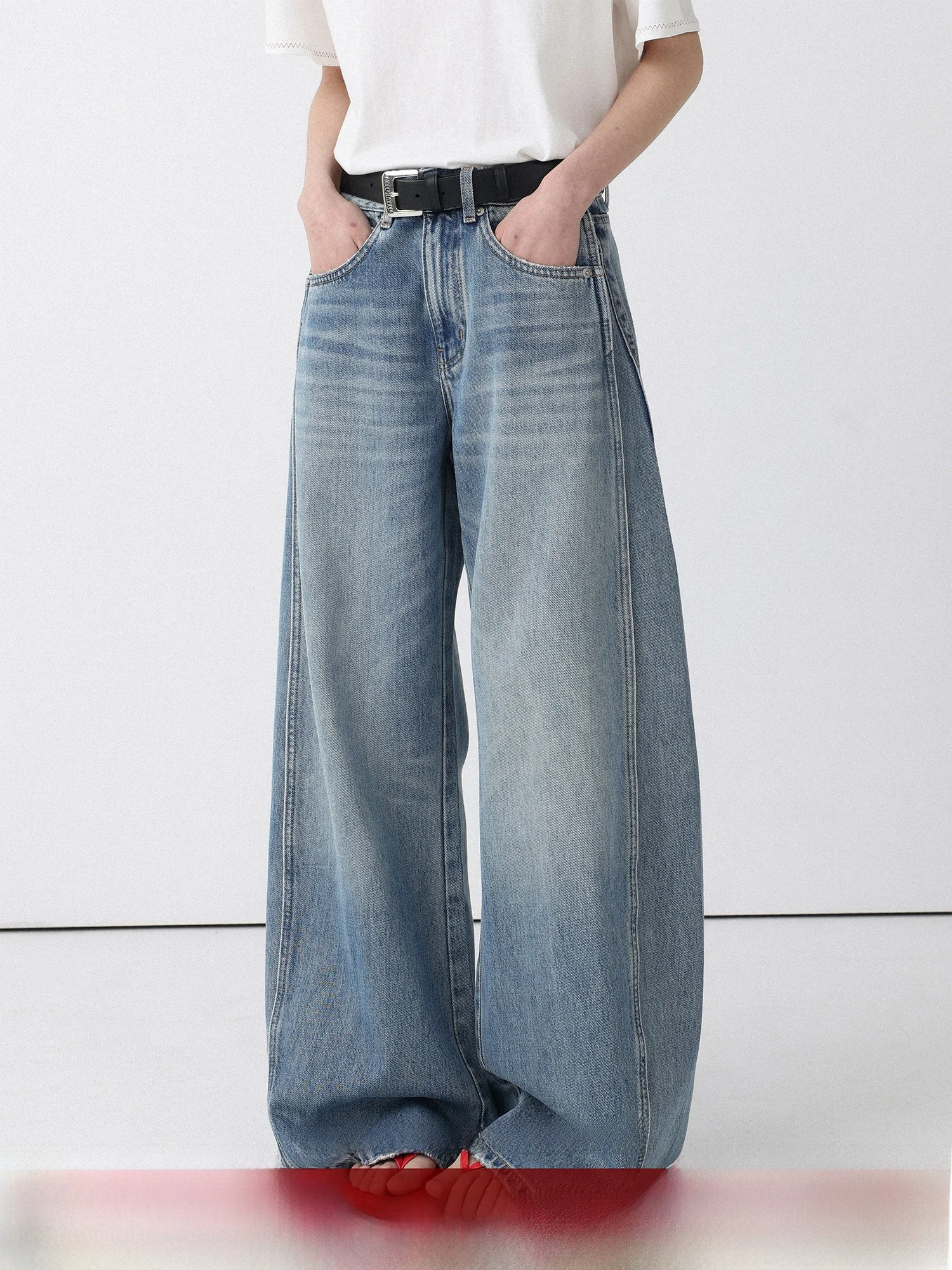 

Low-Calorie High-Waist Wide-Leg Denim Jeans Patchwork Straight Casual Jeans Ladies Spring Season Non-Elastic Fabric Pocket