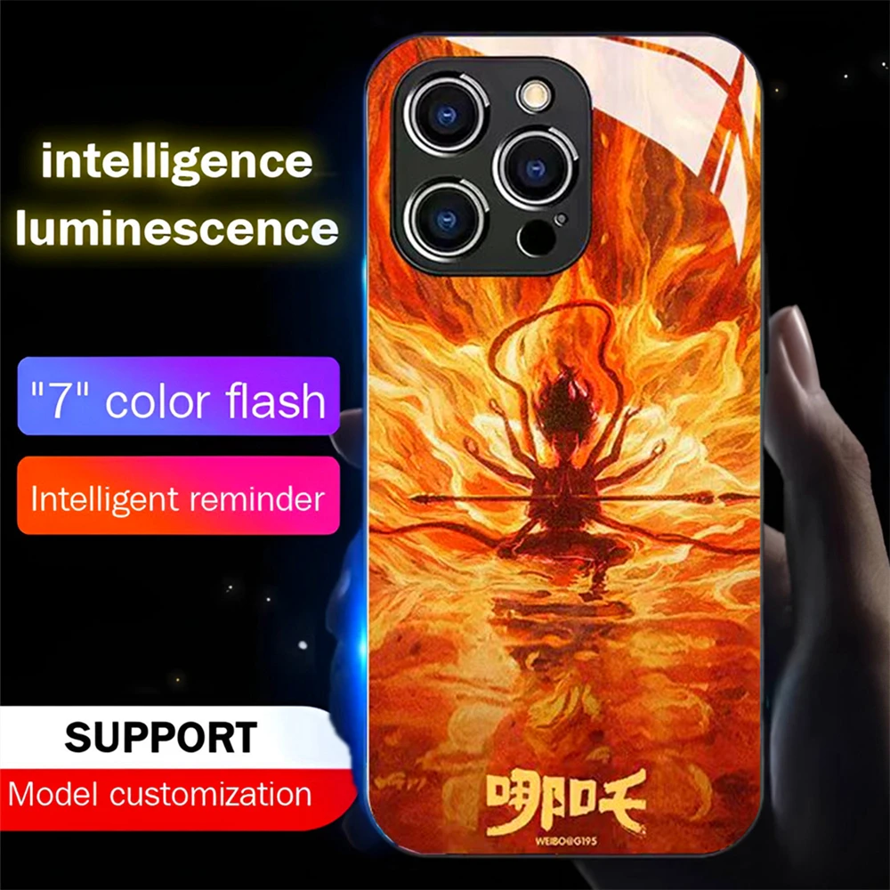 

Popular NeZha Design Smart LED Light Glow Tempered Glass Phone Case For Samsung S25 S24 S23 S22 S21 S20 FE Note 10 20 Plus Ultra