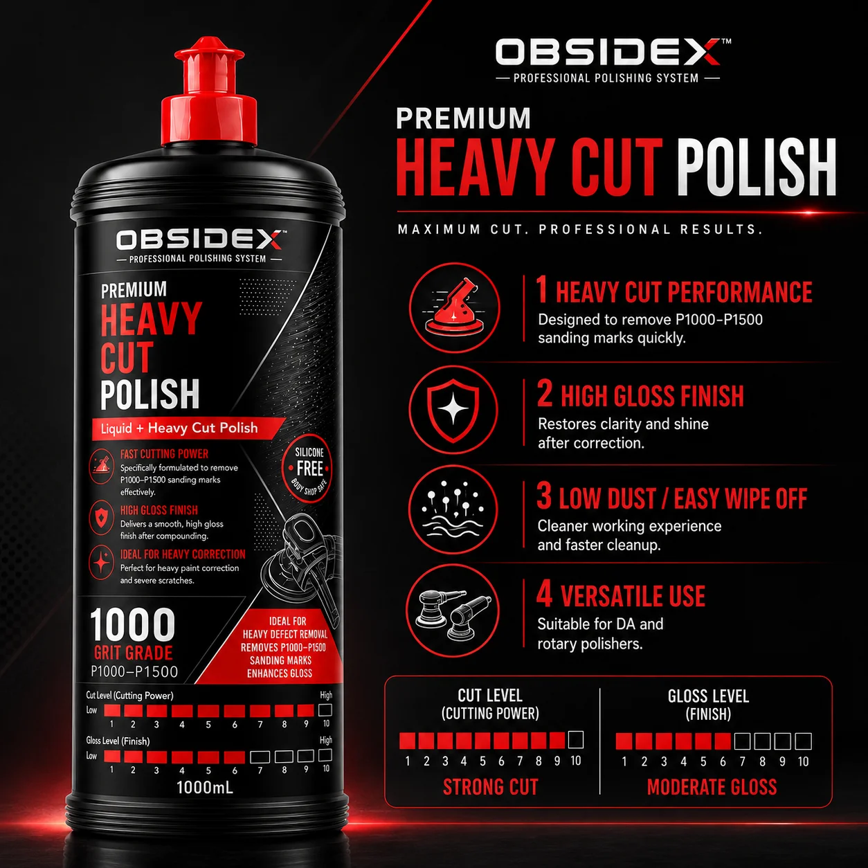 OBSIDEX Heavy Cut Compound – High-Gloss Polishing Solution for Severe Scratches, Oxidation & Sanding Marks (1000mL)