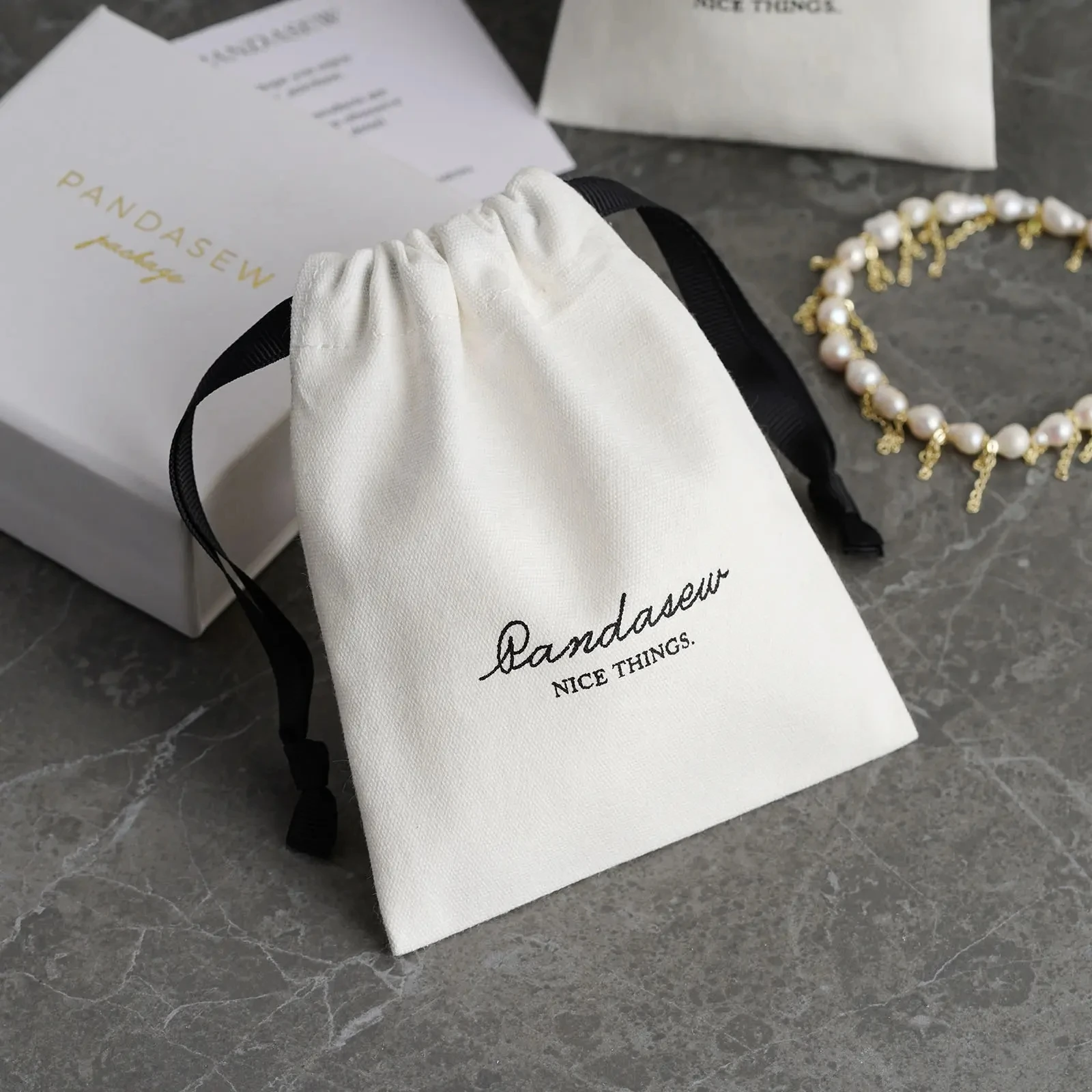 100Pcs Custom Logo Natural White Cotton Bags Earring Necklace Rings Jewelry Packing Pouch Drawstring Sack Holiday Gift Organizer