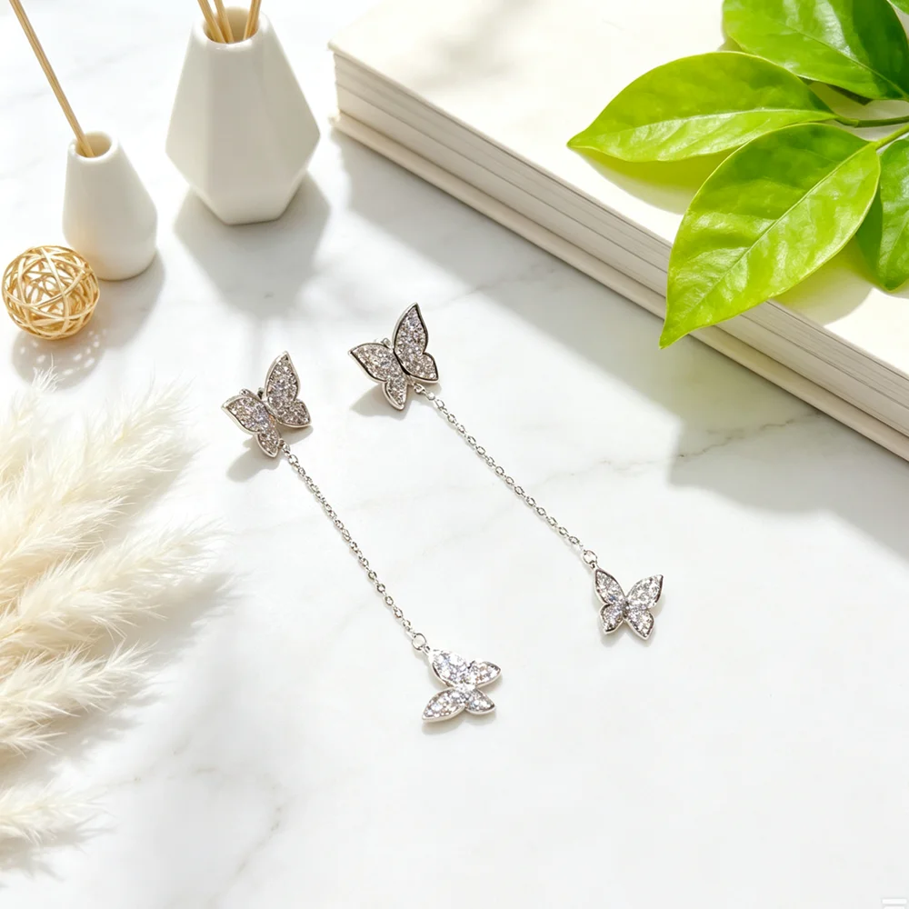 Double Butterfly Long Thread Earrings Original 925 Sterling Silver Tiny Austrian Crystal Paved Pendientes for Women Girls