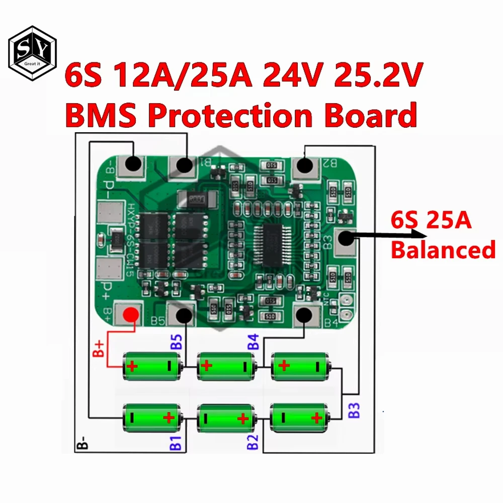 6S 22.2V 25.2V 14A 20A 18650 Li-ion Lithium Battery Charger Protection Board with Balanced PCB BMS 6 Pack Cells Module